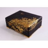 A JAPANESE MEIJI PERIOD KOMAI STYLE DAMASCENE INLAID BRONZE & MIXED METAL LIDDED BOX, the box inlaid