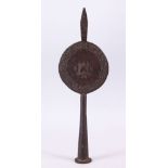 A 19TH CENTURY INDIAN STEEL CALLIGRAPHIC FINIAL, with calligraphy and a view of an arch and