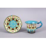 A FINE 19TH CENTURY OTTOMAN OR OTTOMAN MARKET ENAMELLED CUP AND SAUCER, with finely painted panels