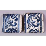 TWO 19TH CENTURY PERSIAN POTTERY TILES, painted in blue with a foliate design, 15cm x 14cm.