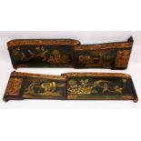 A PAIR OF CHINESE CARVED, LACQUERED AND GILDED SCROLL END PANELS, each decorated with birds on a