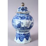 A CHINESE BLUE & WHITE OCTAGONAL FORMED JAR & COVER, the jar decorated with scenes of figures in
