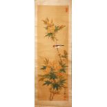 FOUR SMALL CHINESE SCROLL PAINTINGS, depicting birds on branches (AF), largest image 95cm x 29cm.