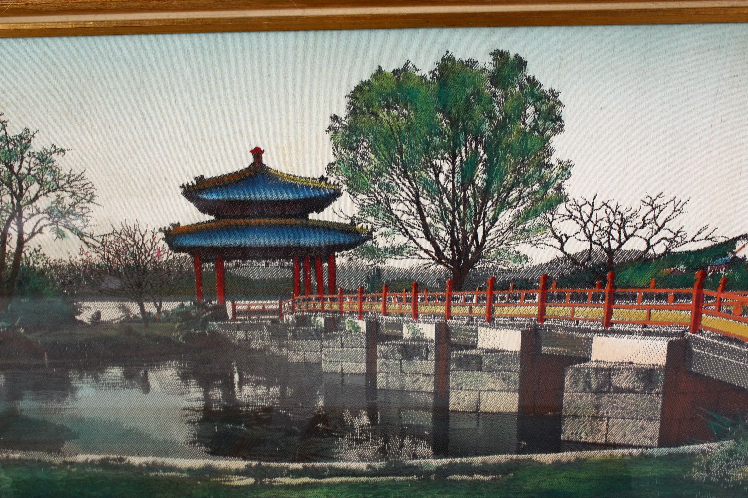 A SET OF THREE CHINESE REPUBLIC STYLE TAPESTRY PICTURES, each depicting a waterside landscape scene, - Image 2 of 6