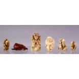 A LOT OF SIX JAPANESE MEIJI PERIOD CARVED IVORY NETSUKE, one of a seated and inlaid goddess, 6cm,