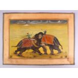 A GOOD INDIAN MUGHAL SCHOOL MINIATURE PAINTING OF TWO ELEPHANTS - the two elephants ridden by two