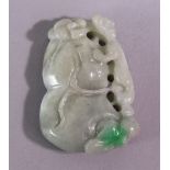 A CHINESE CARVED AND PIERCED JADE / JADITE AMULET, in the form of a guord and animal, 5cm x 3.5cm.