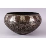 A 19TH / 20TH CENTURY INDIAN INLAID BOWL, the body of the bowl with floral white metal inlaid