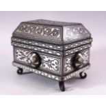 A GOOD 19TH CENTURY SILVER INLAID BIDRI CASKET, with circular bosses to each side, with stylised