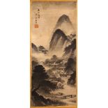 A GOOD 19TH/20TH CENTURY CHINESE SCROLL PAINTING, depicting a mountainous landscape with buildings