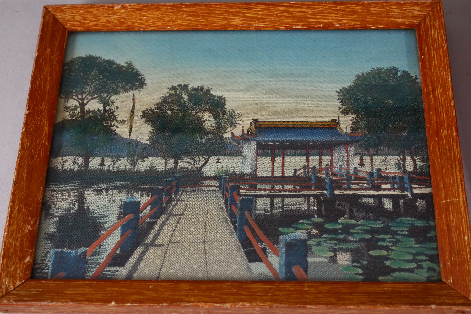 A SET OF THREE CHINESE REPUBLIC STYLE TAPESTRY PICTURES, each depicting a waterside landscape scene, - Image 3 of 6