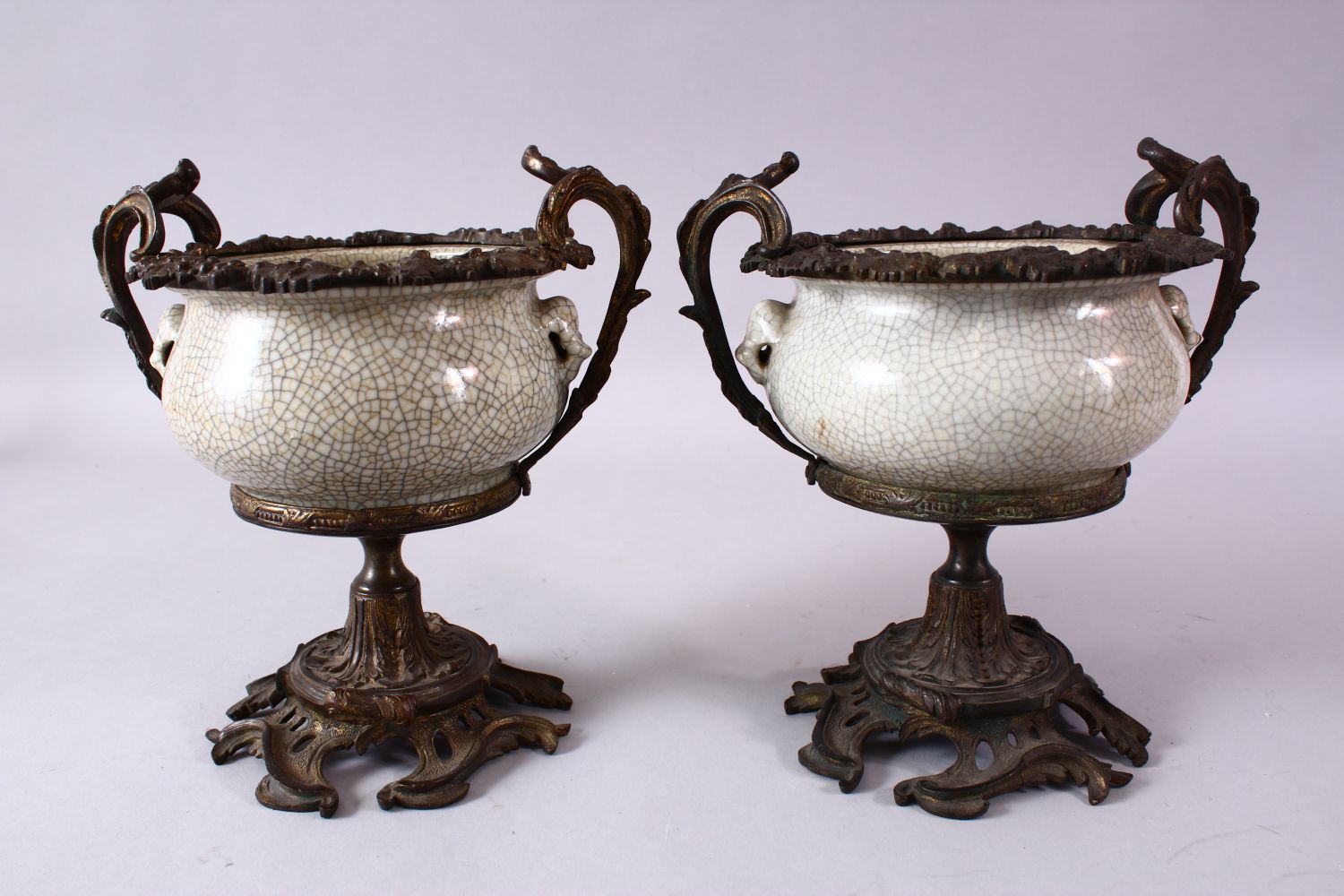 A PAIR OF 19TH/20TH CENTURY CHINESE GUAN WARE POTTERY BOWLS with ormolu mounts, the bowls with - Image 3 of 7