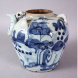 A 19TH/20TH CENTURY CHINESE BLUE AND WHITE TRANSITIONAL STYLE PORCELAIN TEAPOT, decorated with