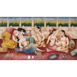 A FINE QUALITY INDIAN MINIATURE EROTIC PAINTING, probably 19th Century, depicting five scantily clad