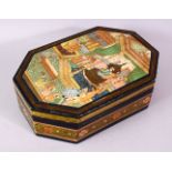 A 19TH/20TH CENTURY INDIAN PAINTED LACQUER BOX AND COVER, the cover painted with figures in a