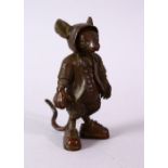 A JAPANESE BRONZE FIGURE OF A HOODED RAT, in a stood position, foot signed, 8.5cm,