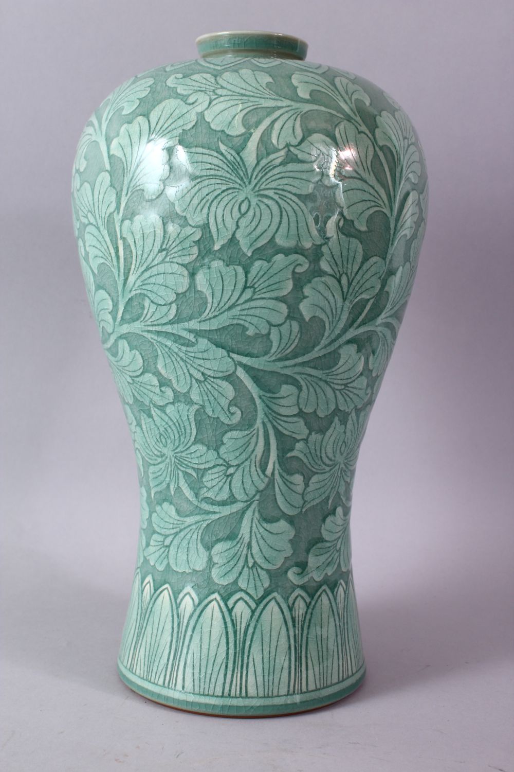 A LARGE KOREAN CELEDON VASE, the body with srolling foliage, signed, 38cm high. - Image 2 of 7