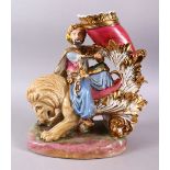 A LARGE PORCELAIN FIGURE OF OHAMAN SULTAN UPON LION VASE, the figure seated upon a lion, holding a