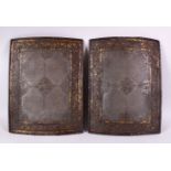 A RARE PAIR OF 18TH/19TH CENTURY MUGHAL INDIAN GOLD INLAID STEEL ARMOUR PLATE, with panels of