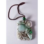 A 19TH/20TH CENTURY CHINESE CARVED JADE / JADEITE PENDANT, depicting a peach, prunus and bamboo, 5.