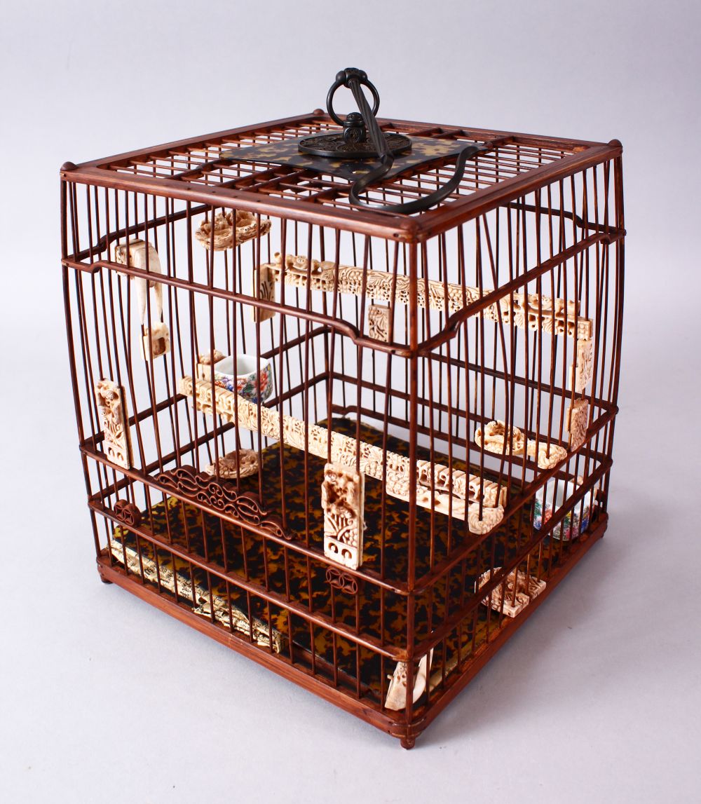 A 19TH CENTURY BAMBOO, BONE AND TORTOISESHELL BIRD CAGE, with carved bone insets of rats and