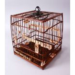 A 19TH CENTURY BAMBOO, BONE AND TORTOISESHELL BIRD CAGE, with carved bone insets of rats and