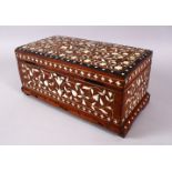 A 19TH CENTURY ANGLO - INDIAN INLAID BONE WOODEN LIDDED BOX, with scrolling floral motif decoration,