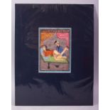 AN INDIAN HAND PAINTED MANUSCRIPT PAGE, depicting a couple in erotic scene, image size 18cm x 12.