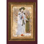 A SAFAVID MINIATURE PAINTING OF A PRINCE in a garden setting, 14cm x 9.5cm.