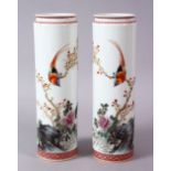 A PAIR OF 19TH/20TH CENTURY CHINESE FAMILLE ROSE PORCELAIN SLEEVE VASES, the bodies decorated with a