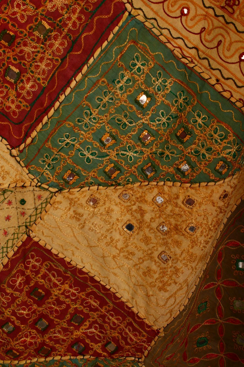 TWO ISLAMIC TEXTILES, both with stitched in mirrored sections, 150cm x 100cm and 100cm x 95cm. - Image 3 of 5