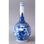 A CHINESE KANGXI STYLE BLUE & WHITE PORCELAIN BOTTLE VASE, with panel decoration of lion dogs and