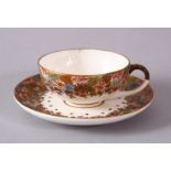 A JAPANESE MEIJI PERIOD SATSUMA MILLIFLEUR TEACUP AND SAUCER, with flora and butterfly decoration,