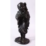 A GOOD 19TH CENTURY JAPANESE BRONZE FIGURE OF A MAN, a monkey on his back, 33cm high.