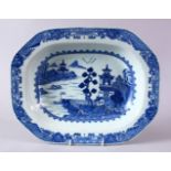 AN 18TH CENTURY CHINESE BLUE AND WHITE QIANLONG PORCELAIN SERVING DISH, with a landscape scene and