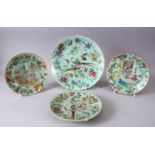 4 X 19TH CENTURY CHINESE CELADON FAMILLE ROSE PORCELAIN PLATES, one larger decorated with birds