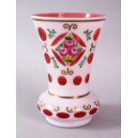 A GOOD BOHEMIAN CUT GLASS & PAINTED VASE, with panels of floral display, and gilt decoration, 14cm