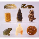 A MIXED LOT OF EIGHT CARVED CHINESE JADE ITEMS, consisting of: A carved jade chilong belt hook, 9cm,