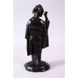 A 19TH CENTURY JAPANESE BRONZE FIGURE OF A GEISHA, with arm raised, 27cm high.