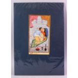 AN INDIAN HAND PAINTED MANUSCRIPT PAGE, depicting a couple in erotic scene, image size 24cm x 12cm.