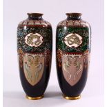 A FINE PAIR OF JAPANESE MEIJI PERIOD CLOISONNE SILVER WIRE VASES, With four larger lower panels of