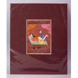 AN INDIAN HAND PAINTED MANUSCRIPT PAGE, depicting a couple in erotic scene, image size 20cm x 14cm.