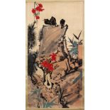 A CHINESE PAINTED SCROLL OF EAGLES UPON ROCKY OUTCROPS, the birds seated upon rocks in a