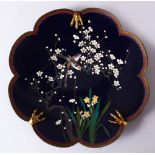 A JAPANESE MEIJI PERIOD SILVER WIRE MOULDED PETAL FORM CLOISONNE DISH, depicting two birds in a