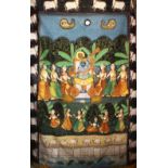 A LARGE RAJASTHAN INDIAN PAINTED TEXTILE PICHWAI PANEL, depicting a mutitude of figures aside a blue