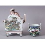 TWO CHINESE FAMILLE ROSE / VERTE PORCELAIN ITEMS, a porcelain lidded censer and cover, decorated