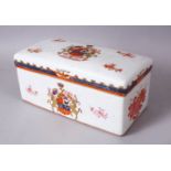 A 19TH / 20TH CENTURY CHINESE FAMILLE ROSE ARMOURIAL PORCELAIN BOX & COVER, the box with a