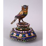 A GOOD 19TH CENTURY INDO - PERSIAN ENAMEL MODEL OF AN OWL, the owl perched, with decoration of