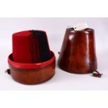 A GOOD RARE 19TH CENTURY FEZ & ORIGINAL LEATHER CASE - The fez in original saddle leather quality
