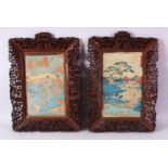 A PAIR OF 19TH CENTURY CHINESE CARVED WOODEN FRAMES AND JAPANESE WOODBLOCK PRINTS, the frames carved